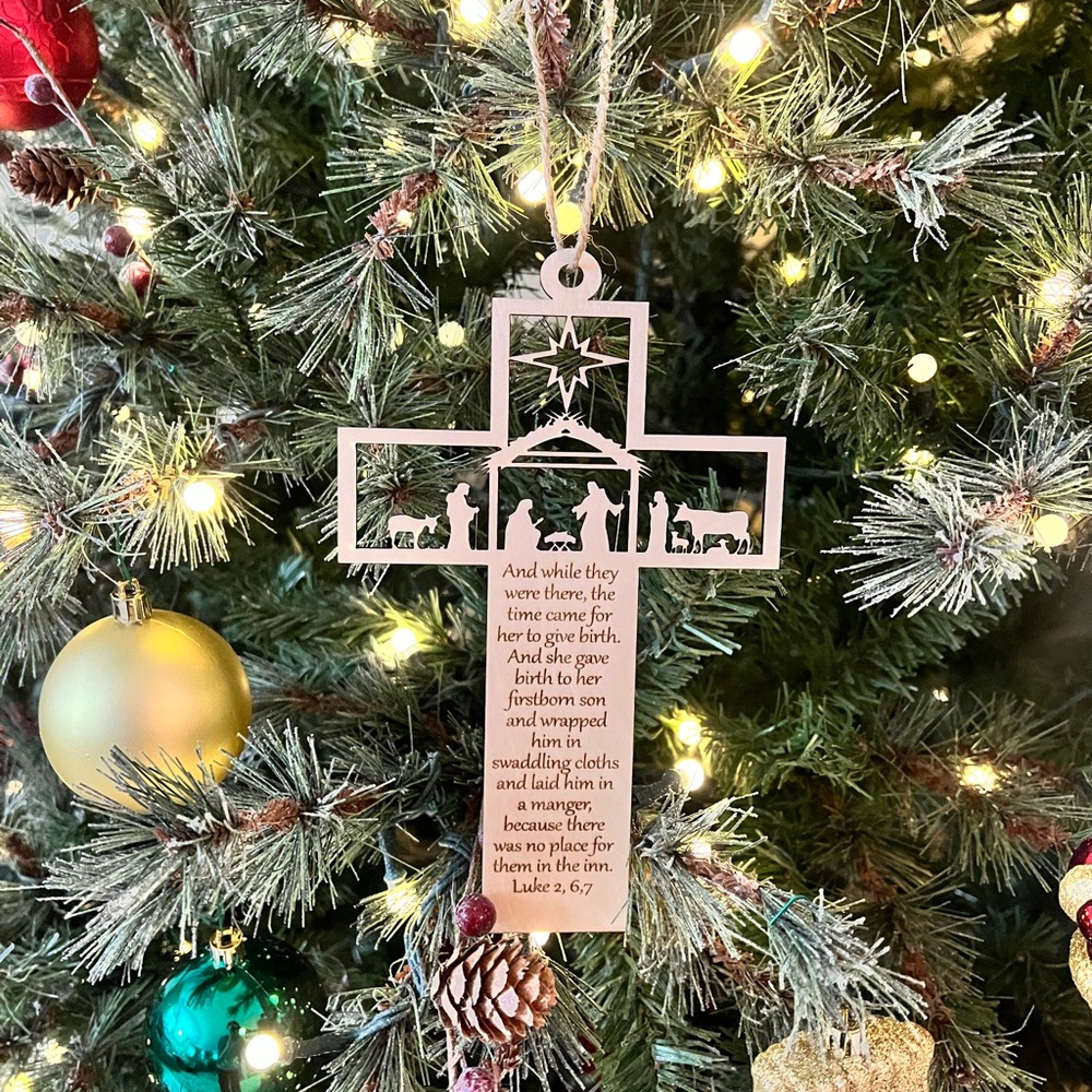 Laser Cut Nativity Cross Ornament with Luke 2:6-7 Engraving